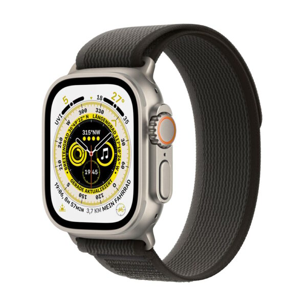 Apple Watch Ultra GPS + Cellular 49mm Titangehäuse mit Trail Loop Armband Schwarz/Grau - M/L