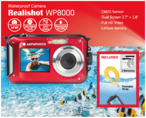 Agfaphoto Kompaktkamera WP8000 rot Kit mit Schwimmgriff und zweitem Akku