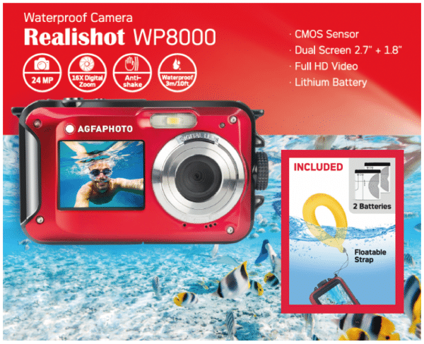 Agfaphoto Kompaktkamera WP8000 rot Kit mit Schwimmgriff und zweitem Akku